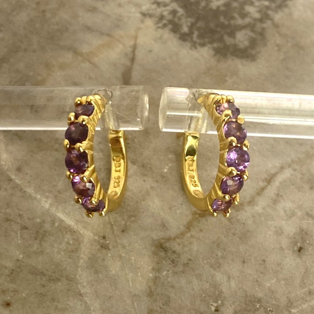 Gold Vermeil Sterling Silver 925 DBJ Round Amethyst Small Huggie Hoop Earrings - Picture 2 of 16